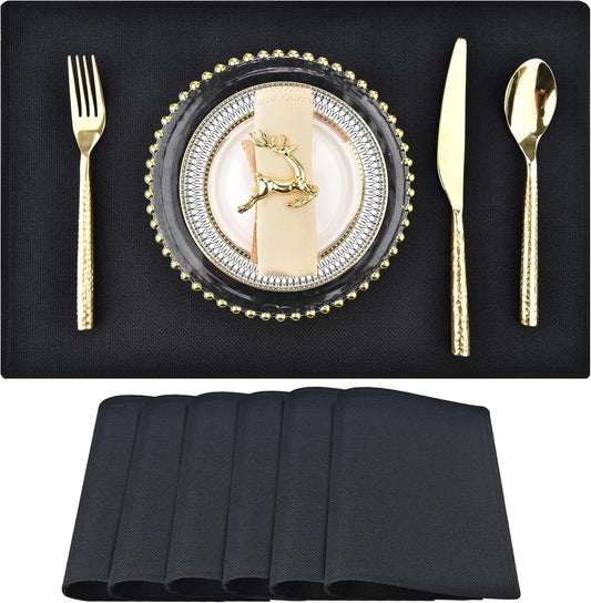 SLKQG Black Linen-Look Placemats Set of 6, Heat Resistant & Machine Washable Double-Layered Cloth Placemats for Dining Table, Indoor/Outdoor Use, Non-Slip Kitchen Table Mats (6, Black)