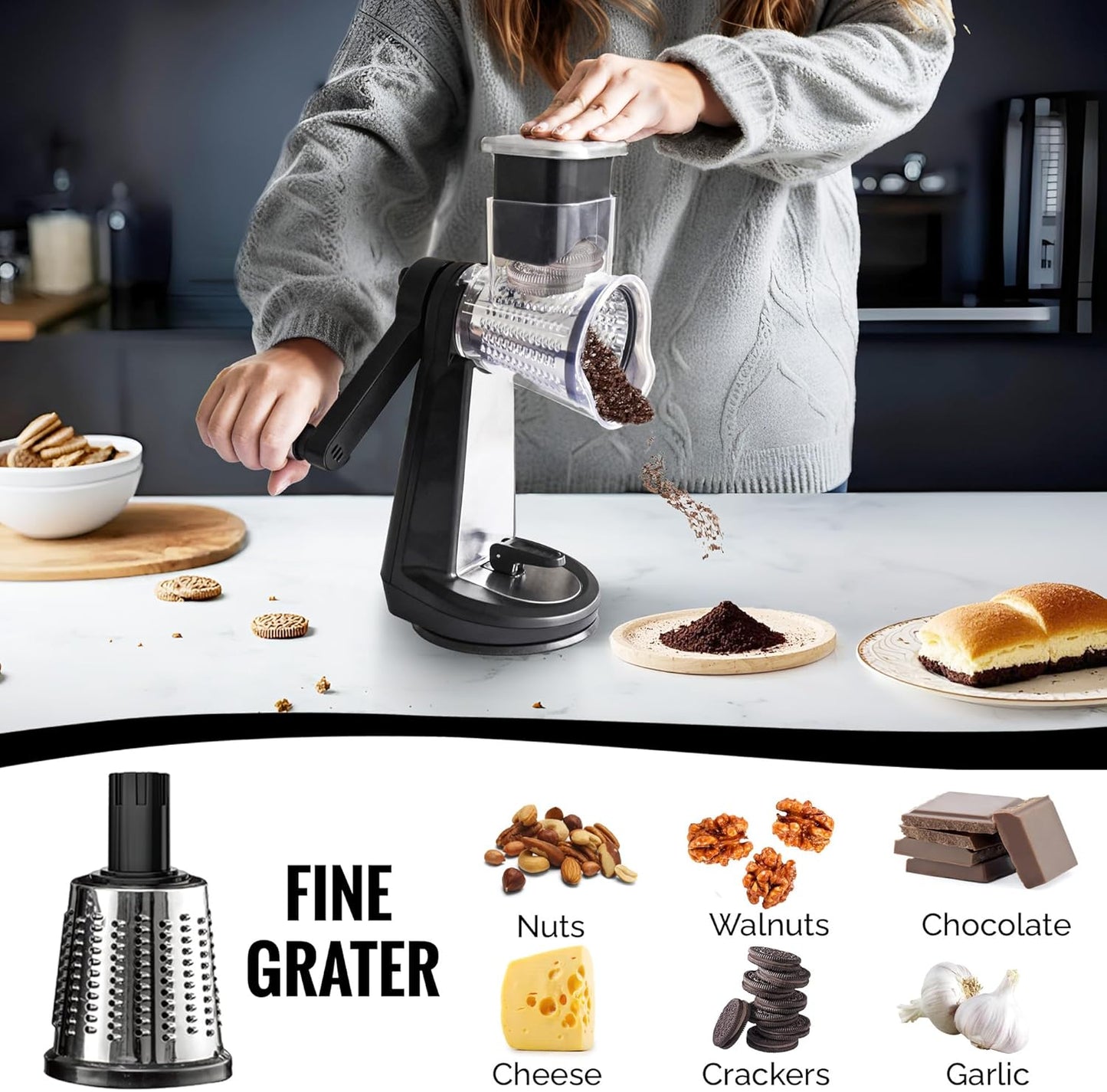 Joined Stainless Steel Rotary Cheese Grater with Elevated Stand and 5 Qt Mixing Bowl - Mandoline Slicer with 3 Stainless Steel Drum Blades-Cheese Shredder Round Mandoline & Food Chopper with Peeler