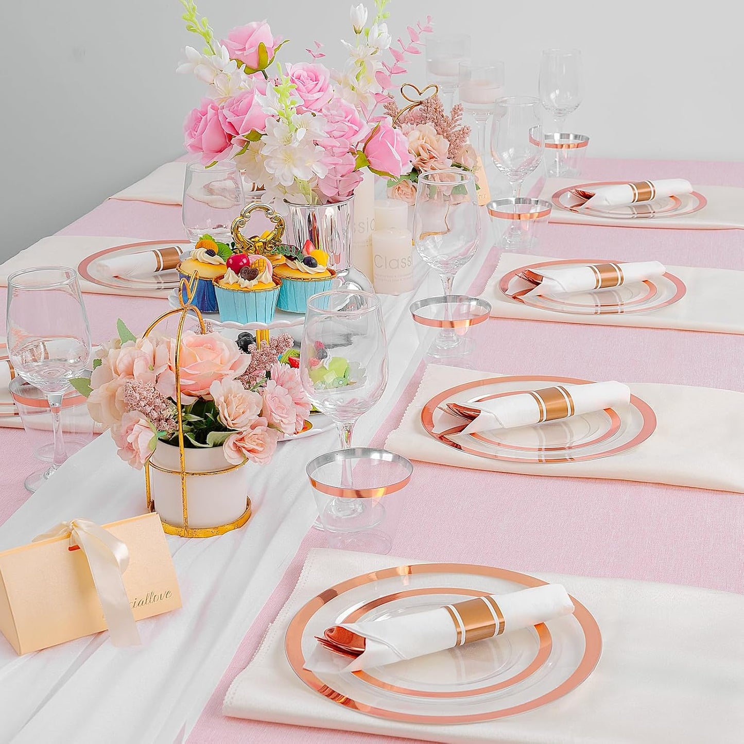 Liacere 350PCS Rose Gold Plastic Plates - Clear with Rose Gold Rim for 50Guests Dinnerware - Include 100 Plates disposable 150 PCS Silverware 50 Napkins for Wedding＆Party