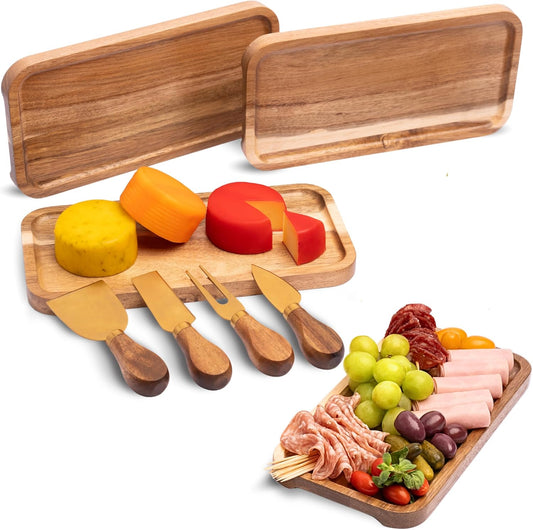 Acacia Wood Serving Tray Set – Small Rectangular Wooden Platters with Cheese Tools for Food, Appetizers & Charcuterie, Ideal for Gatherings, Snack & Cheese Board (Set of 4)
