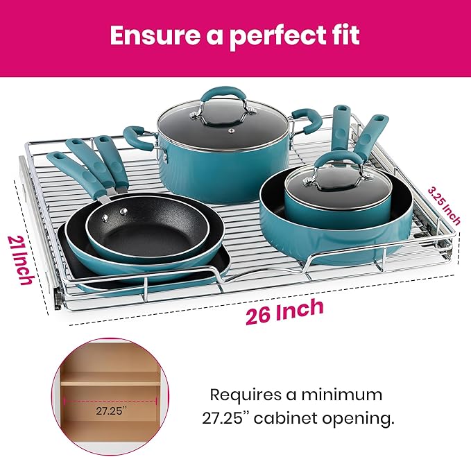 HOLDN’ STORAGE Pull Out Cabinet Organizer, Heavy Duty Caddy w/Lifetime Limited Warranty -26”W x 21”D - Requires At Least 27-1/4” Cabinet Opening, Steel Metal Cabinet Drawers Slide Out, Chrome