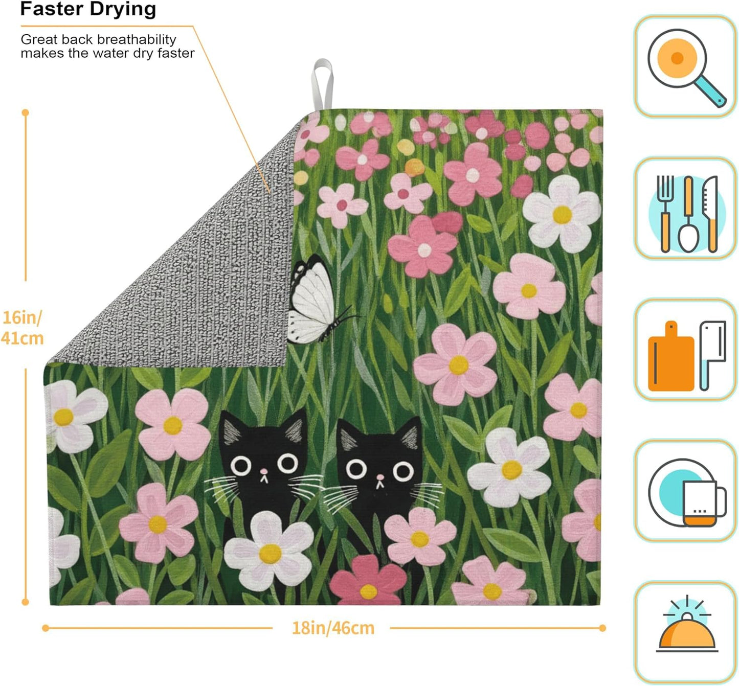 Pink Floral Cat Dish Drying Mat for Kitchen Counter, 16"x18" Microfiber Absorbent Fast Dry Mat, 2Pcs Dish Mat Faucet Mats Sets, Large Drying Kitchen Mat Kitchen Drying Pad Coffee Bar Decor Gifts