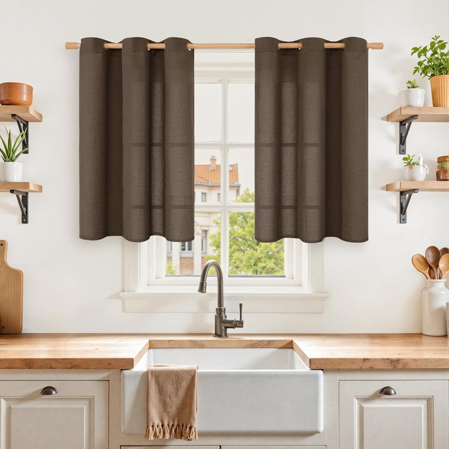 YoungsTex Brown Linen Curtains 36 Inch Length, Short Light Filtering Drapes with Bronze Grommet Privacy for Kitchen Cafe Bathroom Window, 42 x 36 Inch, 2 Panels