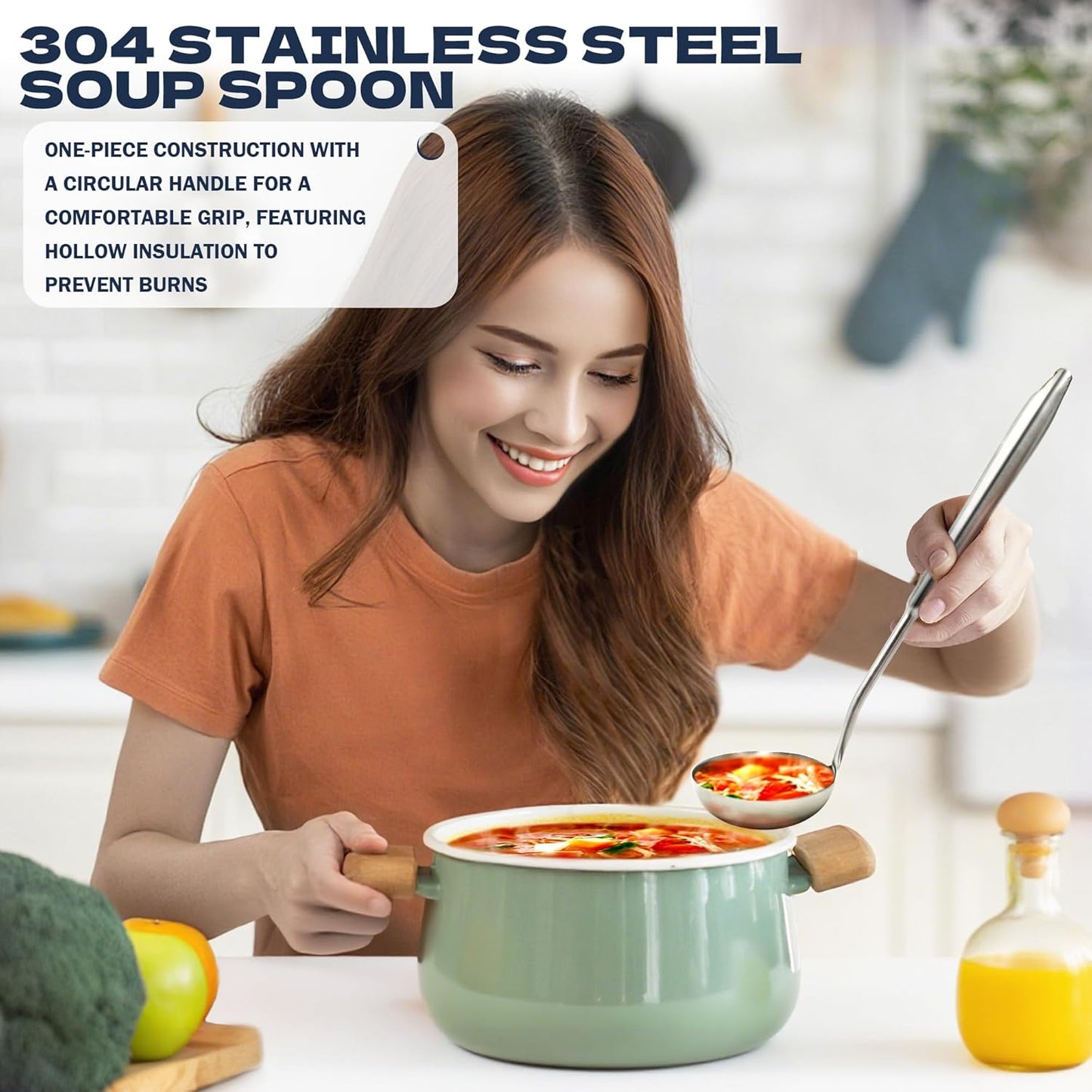 Solid Stainless Steel Soup Ladle, 13.7" Food-Grade 304 Rust-Free Table Ladle, Brashed-Polished & One-Piece Dishwasher-Safe, Ergonomic Long Handle for Home, Kitchen, Restaurant