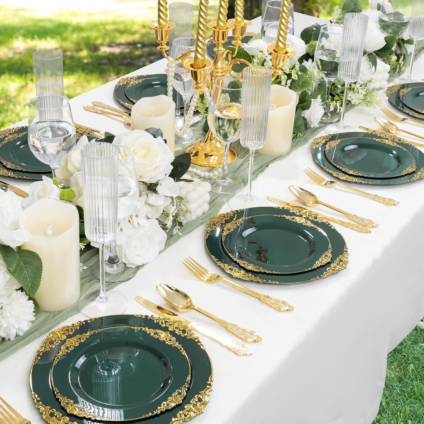 125PCS Green and Gold Plastic Plates - Fancy Green Disposable Plates - Vintage Christmas Plate with Gold Plastic Silverware Set for 25 Guests for Party Xmas Holiday