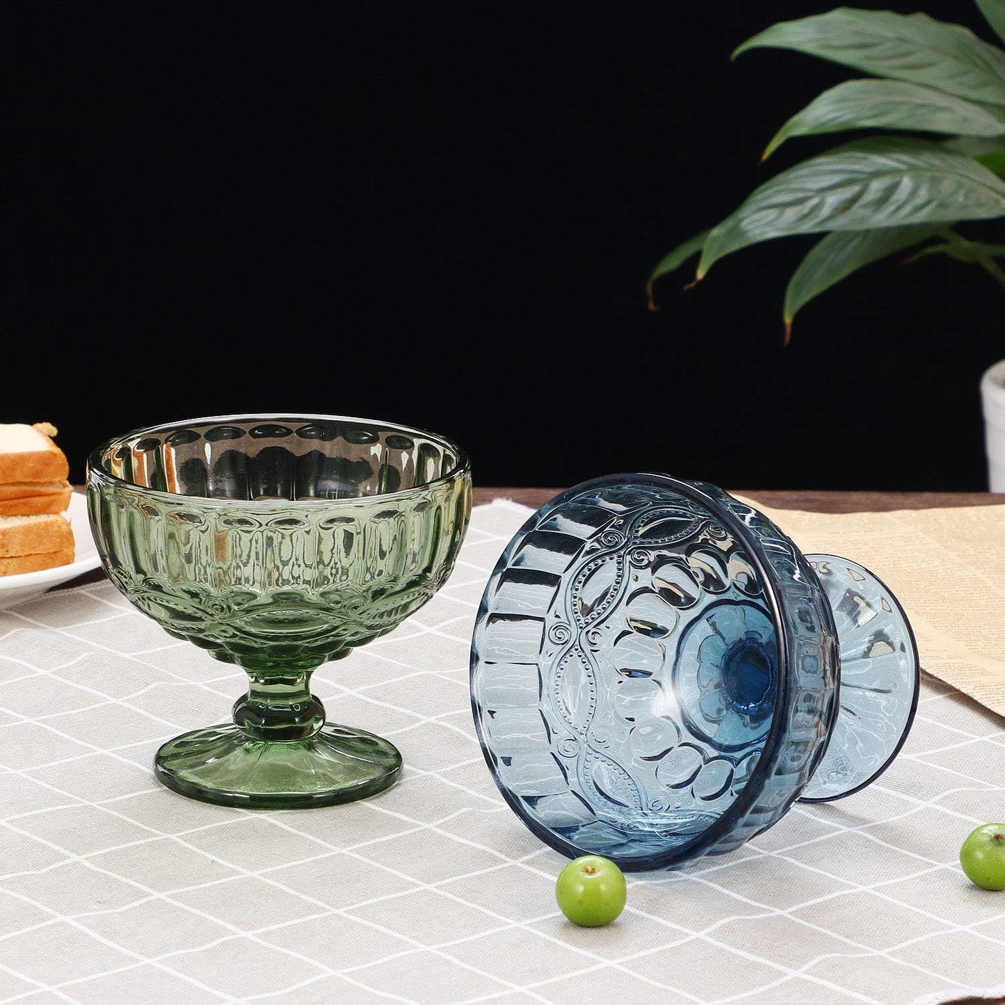 VanEnjoy Deep-blue Vintage Pressed Pattern Glass Ice Cream Cups/Dessert Bowls - Set of 4,12 Oz