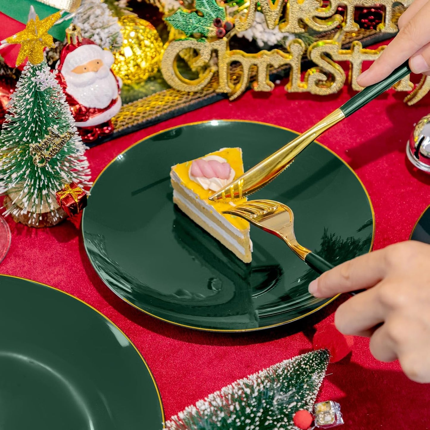 Liacere 150PCS Green Plastic Plates - Gold Plastic Silverware with Green Handle - Heavy Duty Fancy Plastic Plates Disposable Include 30 Guests Plates, Forks, Spoons, Knives for wedding＆Christmas