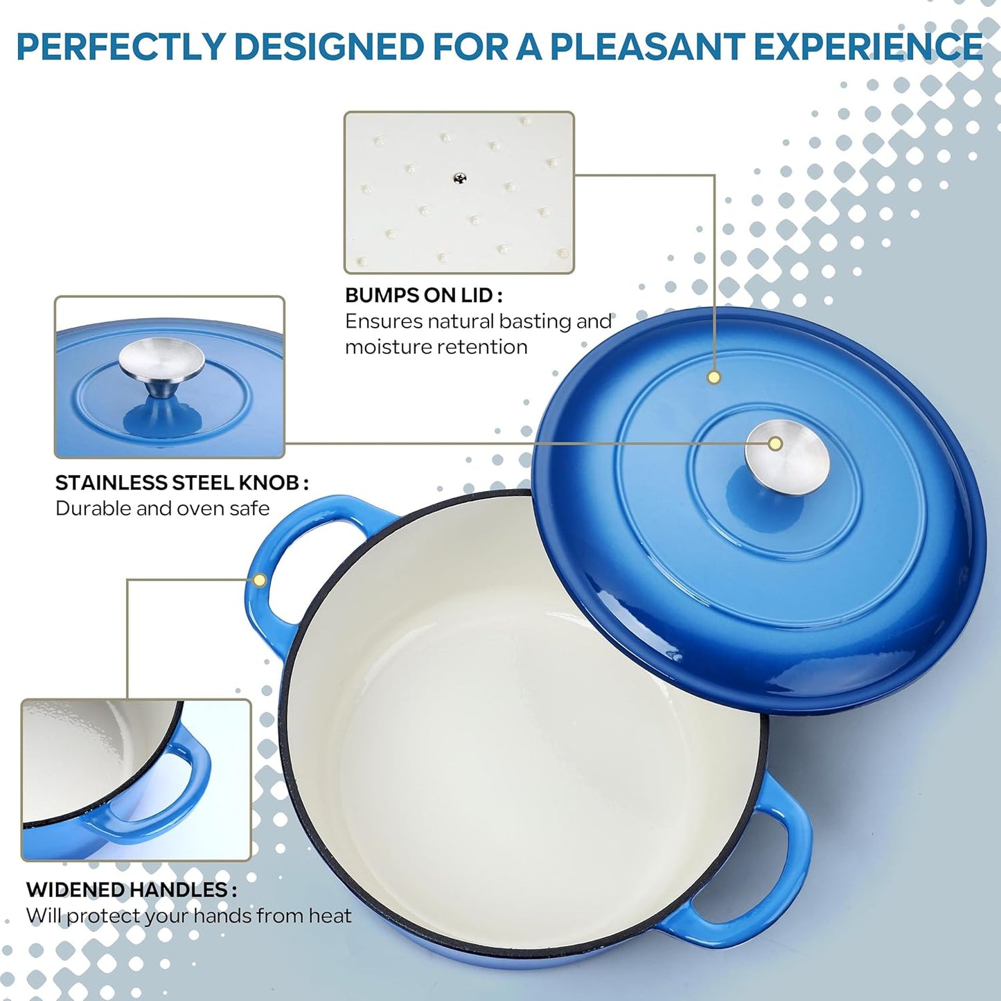 Herogo 6 QT Enameled Cast Iron Round Dutch Oven Pot with Dual Handles, Lid & Silicone Trivet Mat, for Bread Baking Stewing Roasting, Nonstick & Easy Cleanup, Safe for Various Stovetops-Blue