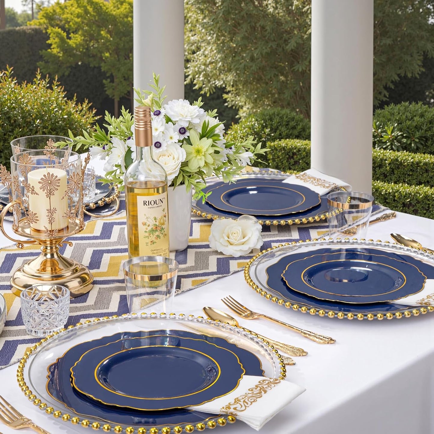 KIRE 210Pcs Navy Blue Plastic Plates - Blue Plates Disposable - 30guest Baroque Plastic Dinnerware for Upscale Wedding/Parties