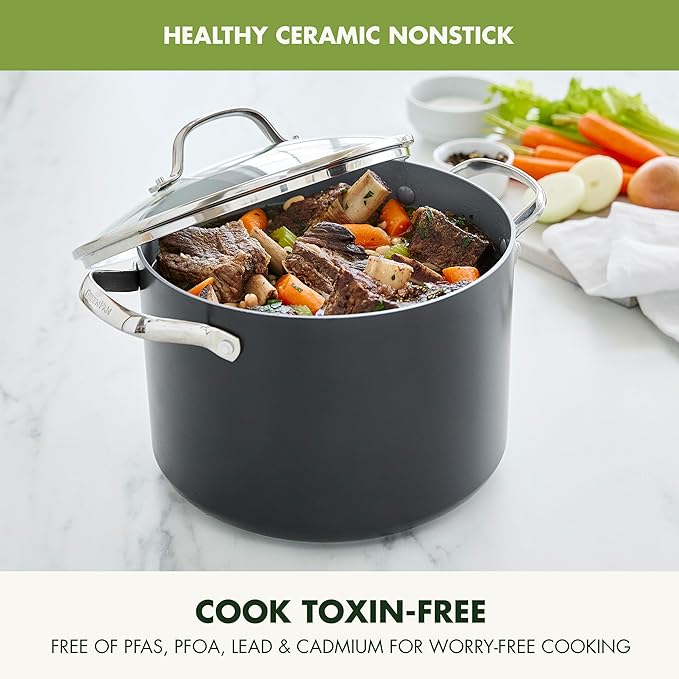 GreenPan Valencia Pro Hard Anodized Healthy Ceramic Nonstick 8QT Stock Pot with Lid, PFAS-Free, Induction, Dishwasher Safe, Oven Safe, Gray