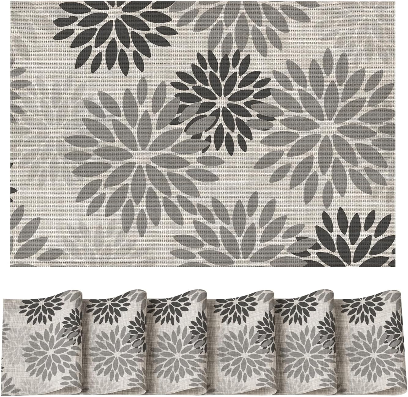 Artoid Mode Floral Vinyl Placemats Set of 6, Heat Resistant Washable Non-Slip Plistic PVC Place Mats for Halloween Party Kitchen Dining Decor, Gray