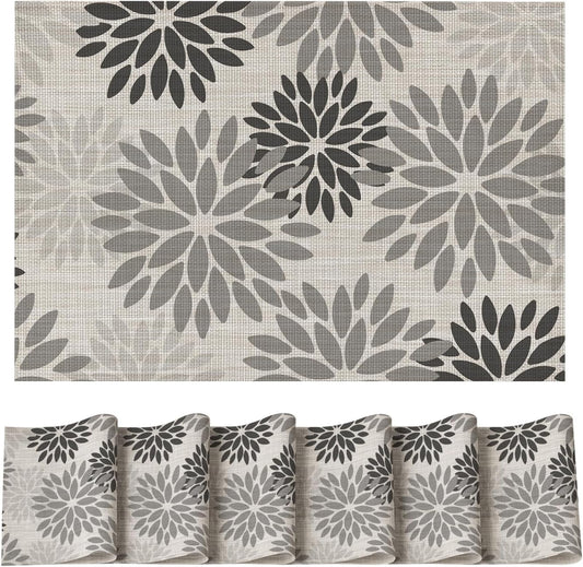 Artoid Mode Floral Vinyl Placemats Set of 6, Heat Resistant Washable Non-Slip Plistic PVC Place Mats for Halloween Party Kitchen Dining Decor, Gray
