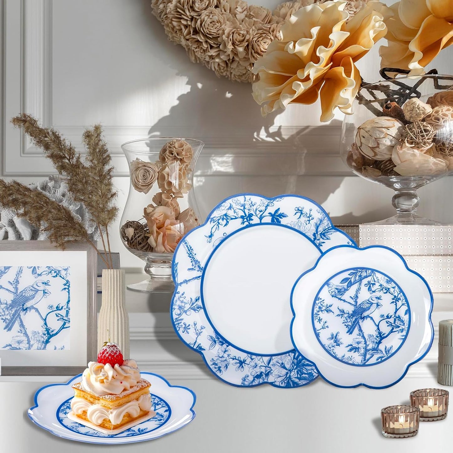 LIYH 60 Pcs Blue Plastic Plates Set - Heavy Duty Floral and White Plastic Plates for Party Wedding Elegant Plate Bridal Shower Floral Dinnerware Set - 10.25" Dinner & 7.5" Dessert Plate