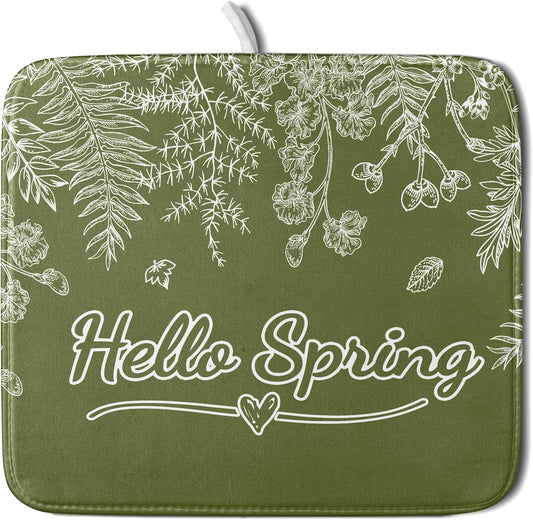 Spring Dish Drying Mats 16x18 Inch,Sage Green Leaves Seasonal Absorbent Microfiber Dishes Drainer Rack Mat Fast Dry Drying Pad for Countertop Table Sink Kitchen Decor Accessories