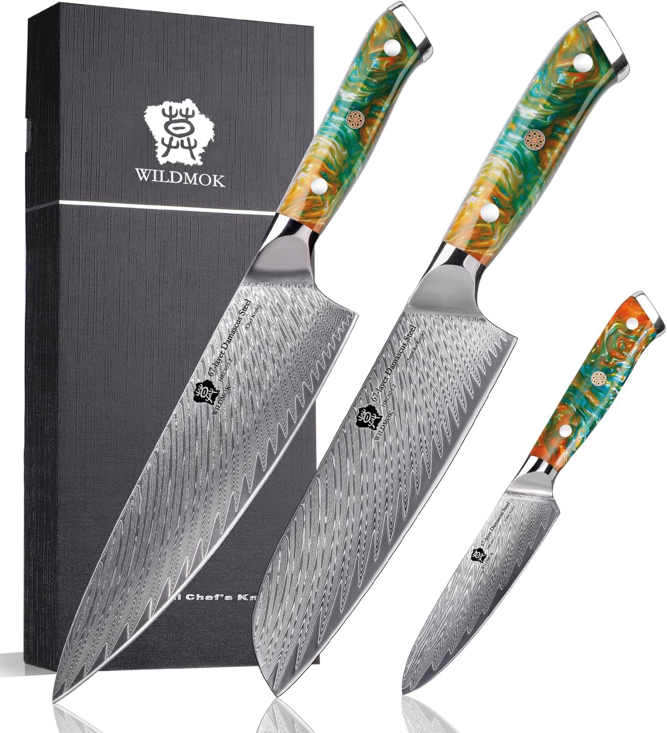 WILDMOK Damascus Kitchen Knife Set, Chef Knife Set, Sharp Damascus Steel Forged Blade Kitchen Knives Set with Ergonomic Resin Handle