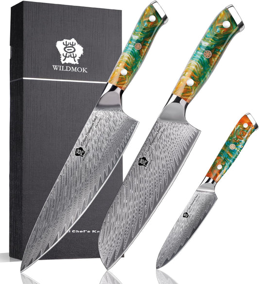 WILDMOK Damascus Kitchen Knife Set, Chef Knife Set, Sharp Damascus Steel Forged Blade Kitchen Knives Set with Ergonomic Resin Handle