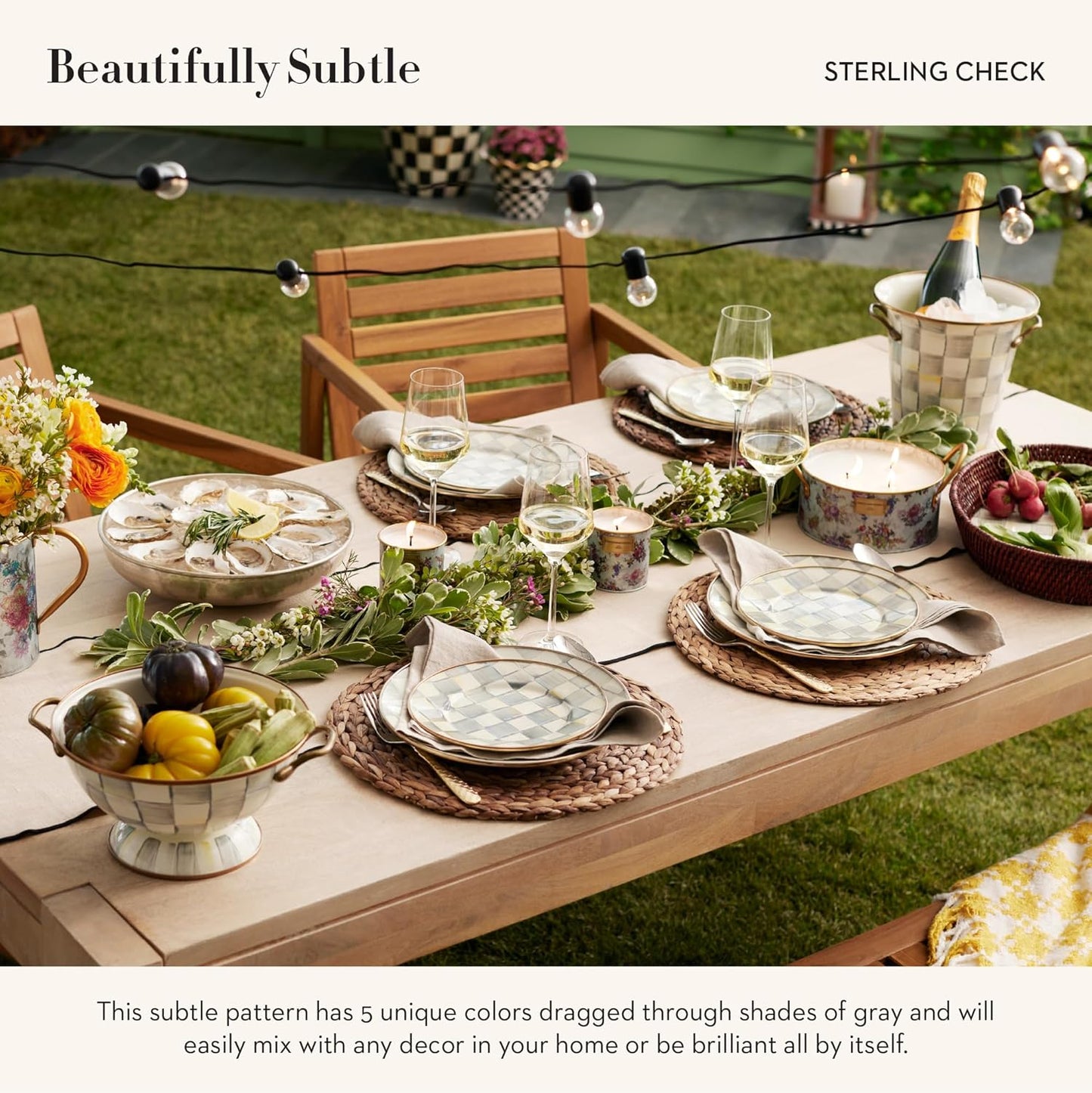 MACKENZIE-CHILDS Enamel Bowl, Serving Bowl for Entertaining, Simply Anything Bowl, Gray-and-White Sterling Check