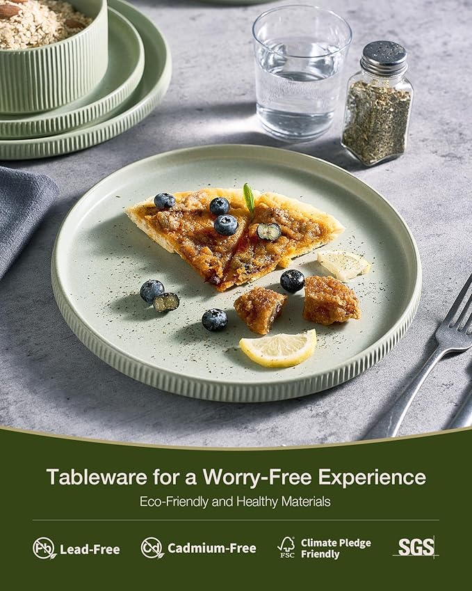 Famiware Star Dinnerware Set, Plates and Bowls Sets for 8 (24pcs), Ribbed Stoneware Dishes - Chip & Scratch Resistant, Microwave & Dishwasher Safe, Matte Sage Green