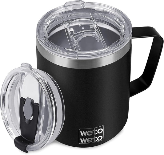 WETOWETO Coffee Mug with Handle, 14oz Insulated Stainless Steel Reusable Coffee Cup, Double Wall Coffee Travel Mug, Powder Coated Black