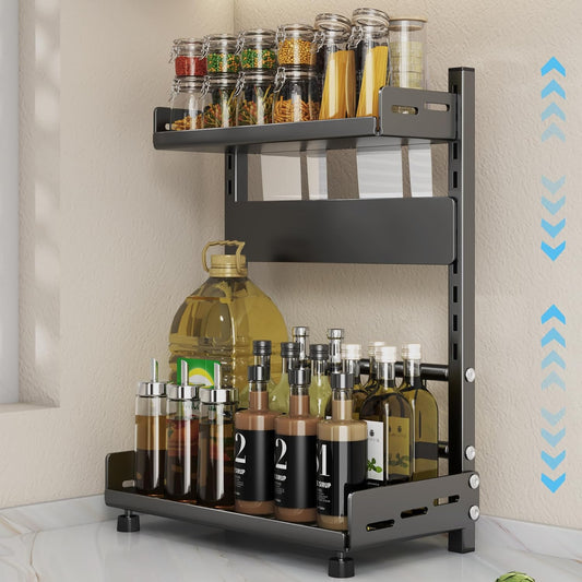 Spice Organization for Cabinet | 2 Tier Standing Height-Adjustable Spice Rack | Large Metal Rust-Proof Seasoning Organizer | Kitchen Storage Organization Shelf for Pantry Bathroom (2-30CM Black)