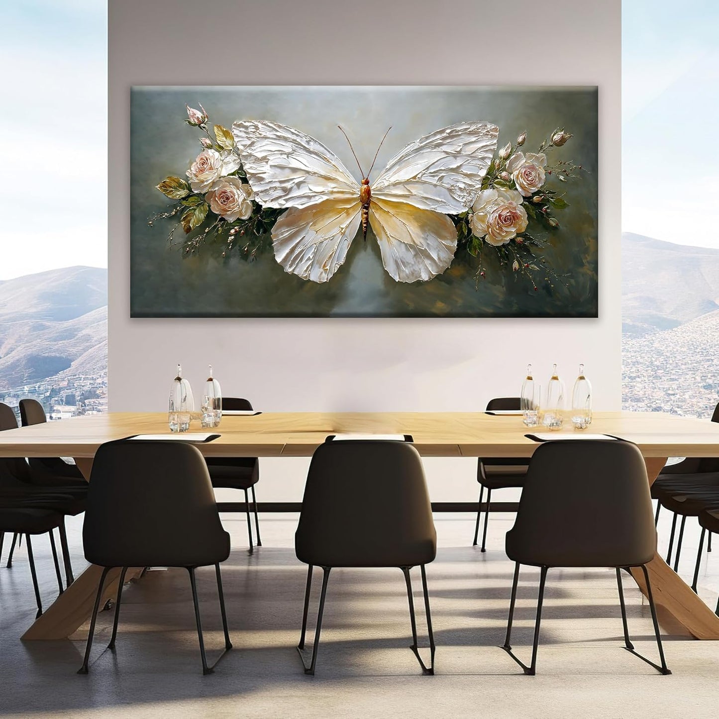 Large Wall Art Decor Abstract White Simple Butterfly And Rose Wall Art For Living Room Bedroom Office Kitchen Home Wall Decor 29x58 Inch Modern Abstract Artwork