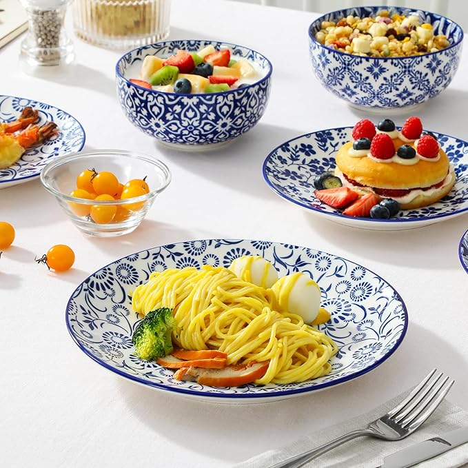 vancasso SELENE Plates and Bowls Set for 6, 18 Pieces Dinnerware Sets, Mircowave and Dishwasher Safe Dishes Set, Porcelain Blue Dinnerware