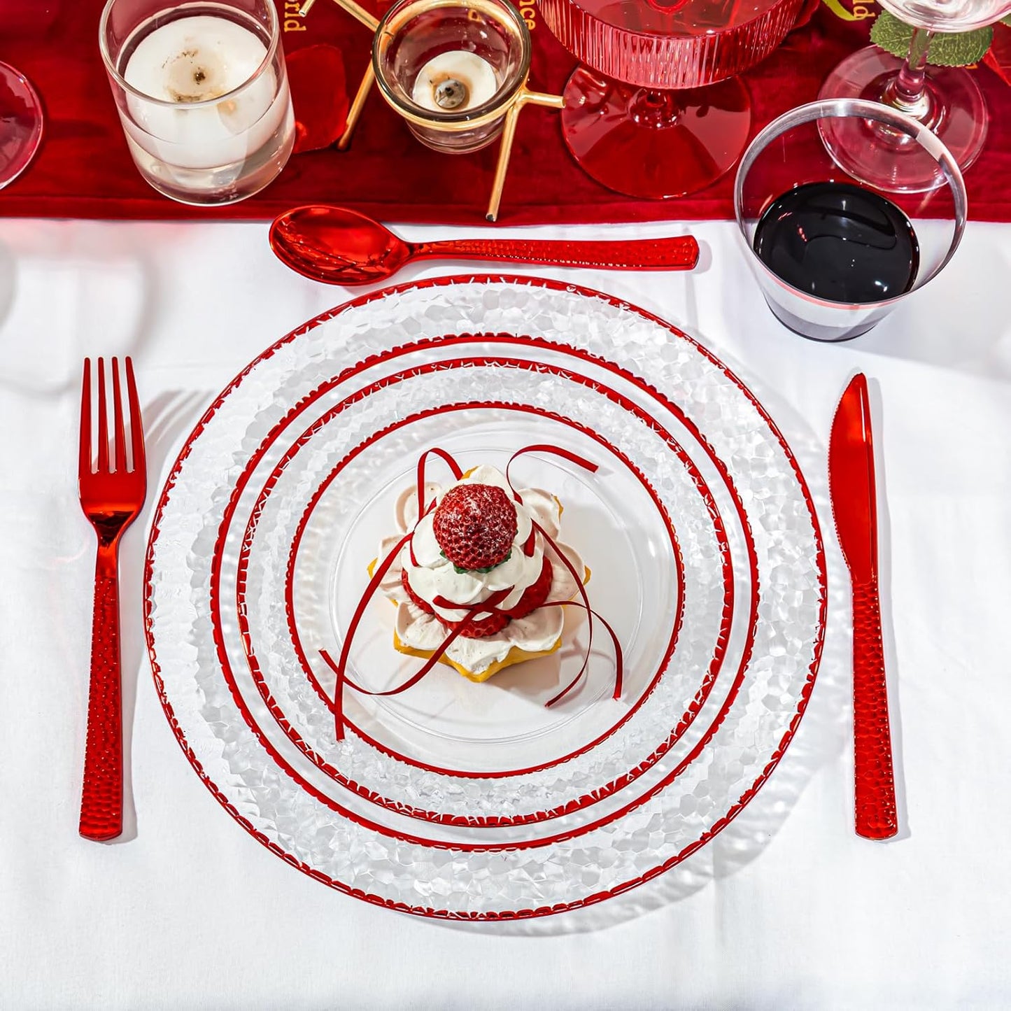 Ciaell 350 PCS Clear and Red Plastic Plates – Red Dinnerware Set for 50 Guests Include 100 Plastic Plates, 50 Pre Rolled Napkins with Cutlery Set, 50 Cups for Wedding & Party & Anniversary & Christmas