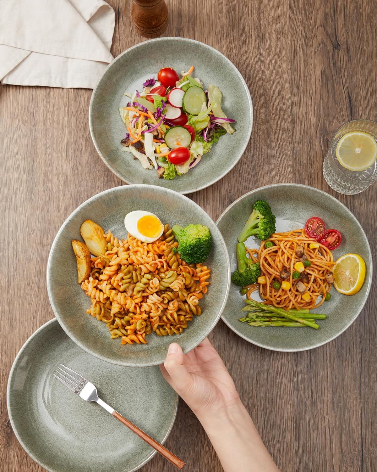 Pasta Bowls of 4, 32 Oz Salad Bowls Soup Bowls, Large Pasta Serving Bowl Porcelain Pasta Plates, Wide and Deep Bowls Set Microwave & Dishwasher Safe-Gradient Green