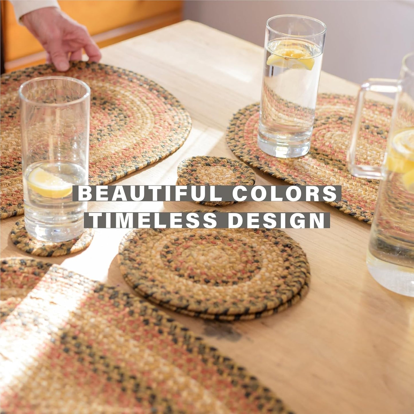 Russet Jute Braided Oval Placemats, Warm Country Decor, Set of 4, 13x19 Multicolor Table Mats - Vibrant Colors, Durable, Easy to Clean and Protects Furniture
