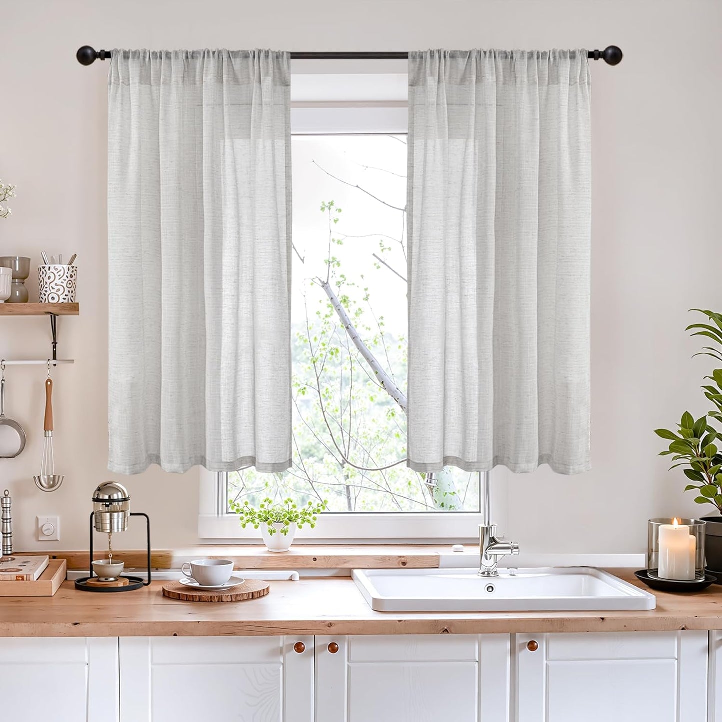 BGment Light Grey Linen Curtains for Kithchen Cafe Window 40 Inch Length - Rod Pocket Semi Sheer Drapes Light Filtering for Bathroom Bedroom Lightweight Rustic, 2 Panels Set, 42 X 40 Inch