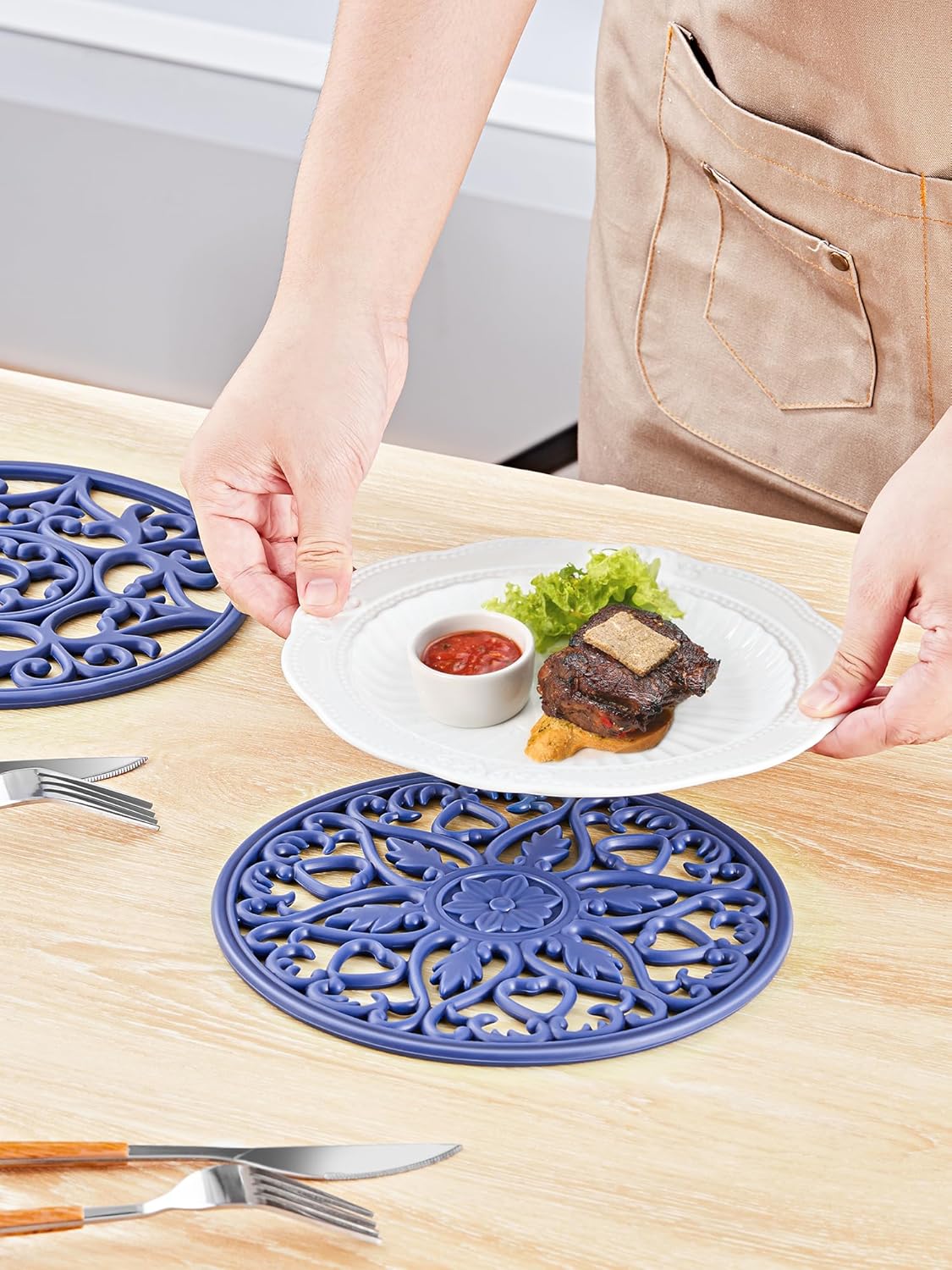 SMARTAKE 6 Set Silicone Trivet Mats, Multi-Use Carved Trivet Mat, Insulated Non-Slip Durable Kitchen Mats, Flexible Modern Kitchen Table Mat, for Hot Dishes, Pots, Dining Countertop, Navy Blue