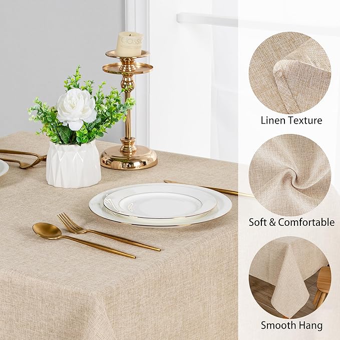 JIUZHEN Faux Linen Farmhouse Tablecloth Rectangular, Wrinkle Stain Resistant Table Cloth Rectangle Table Cover for Kitchen Dining, Holiday Party Dinner, Beige, 54 x 120 Inch