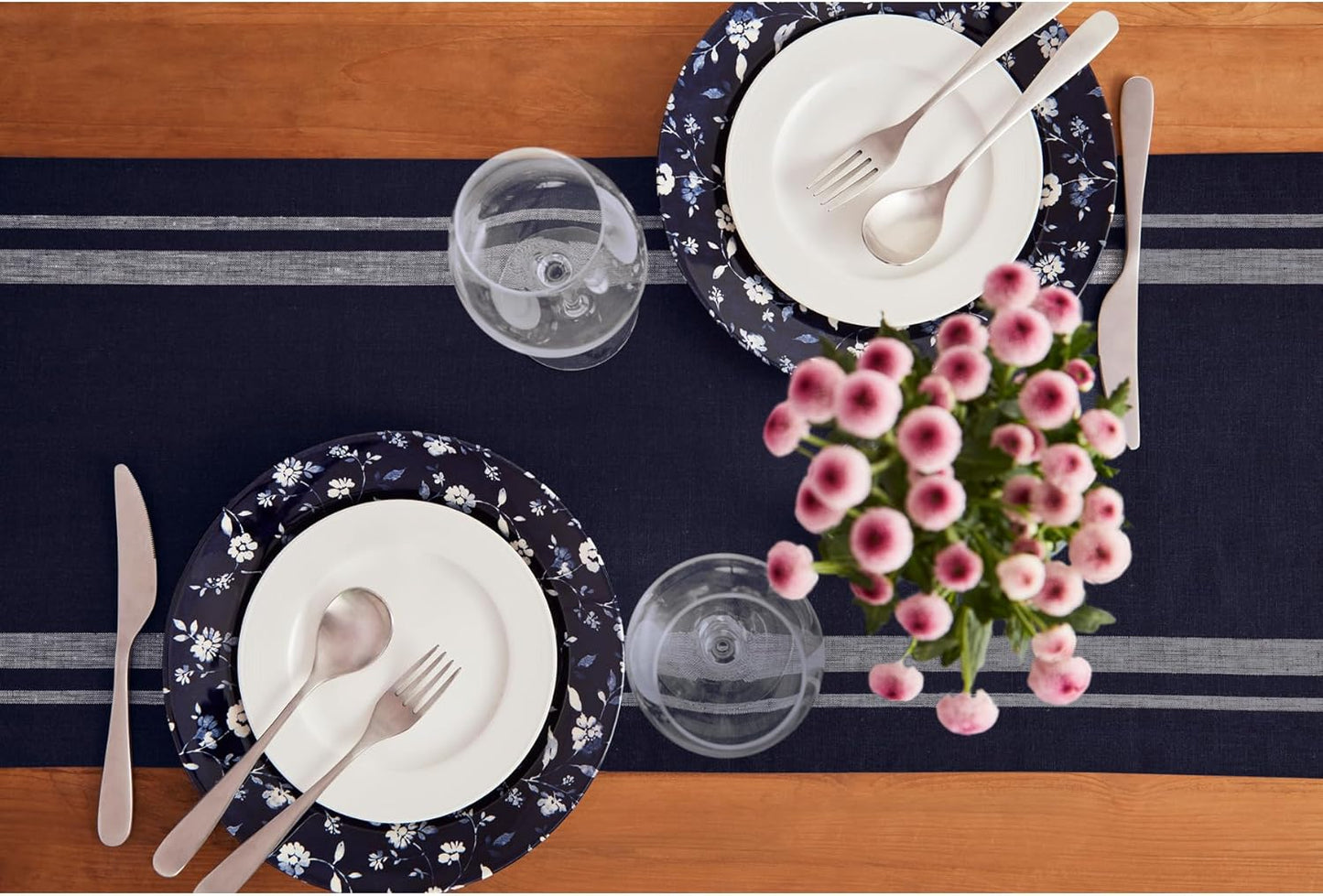 Solino Home Linen Table Runner 108 Inches Long - French Stripe, 100% Pure Linen White and Navy Farmhouse Table Runner 16 x 108 Inch Ideal for Dining