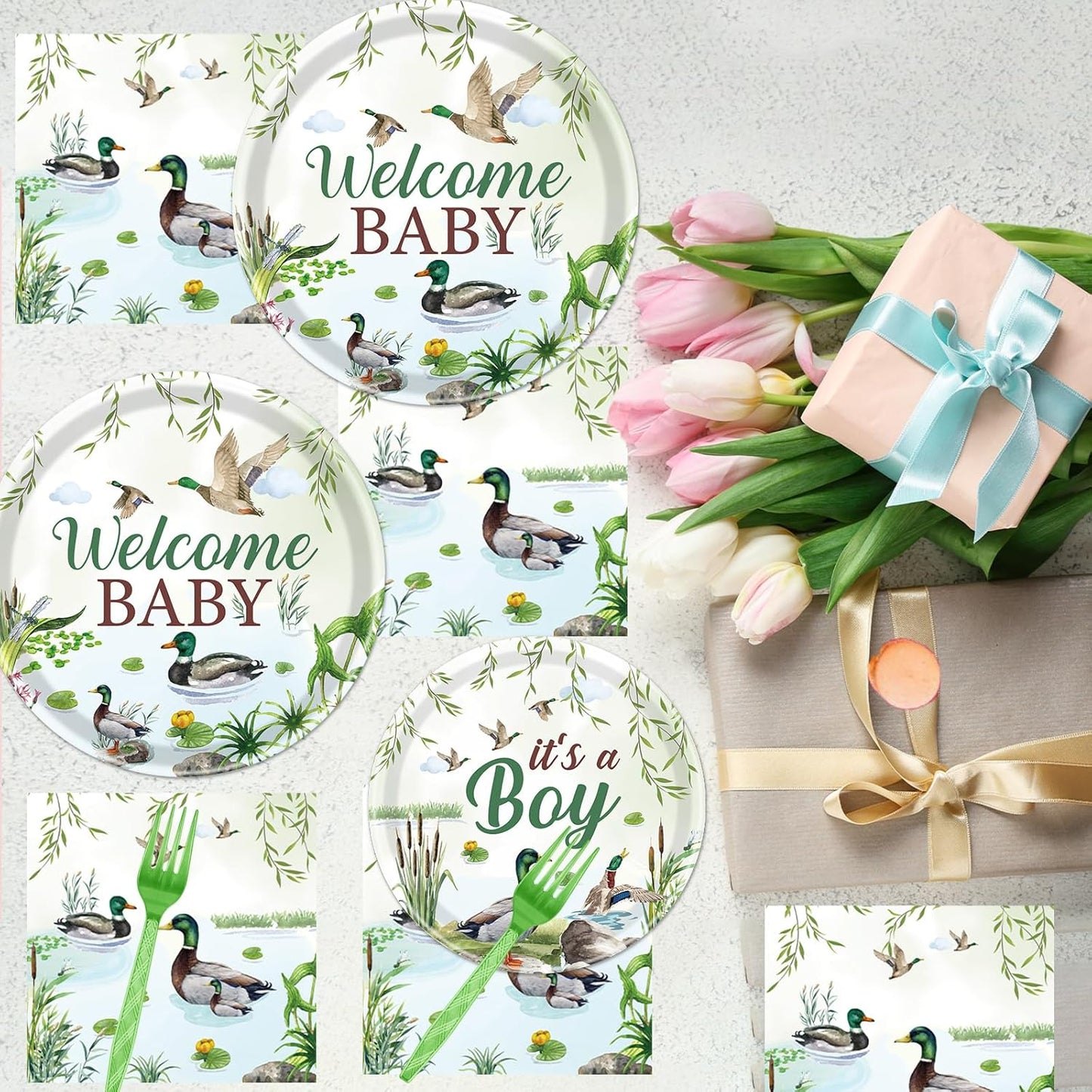 Rakuto Mallard Duck Baby Shower Decorations, 96PCS Duck Hunting Paper Plates and Napkins Tableware Party Decoration Goose Forks Decor Supplies, Serve 24