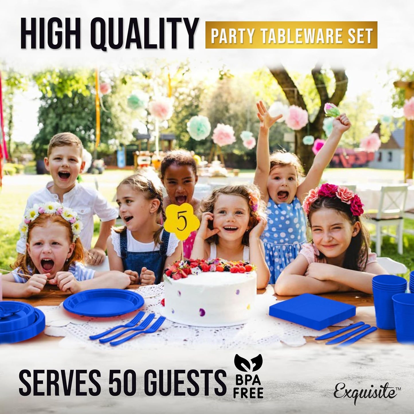 Party Solids 350 Pieces Dark Blue Plastic Plates For Party, Dark Blue Disposable Plates Set, 50 Of Each 9" Dinner Plate Set, 7" Dessert Plate, Cups, Napkins & Cutlery Plastic Dinnerware