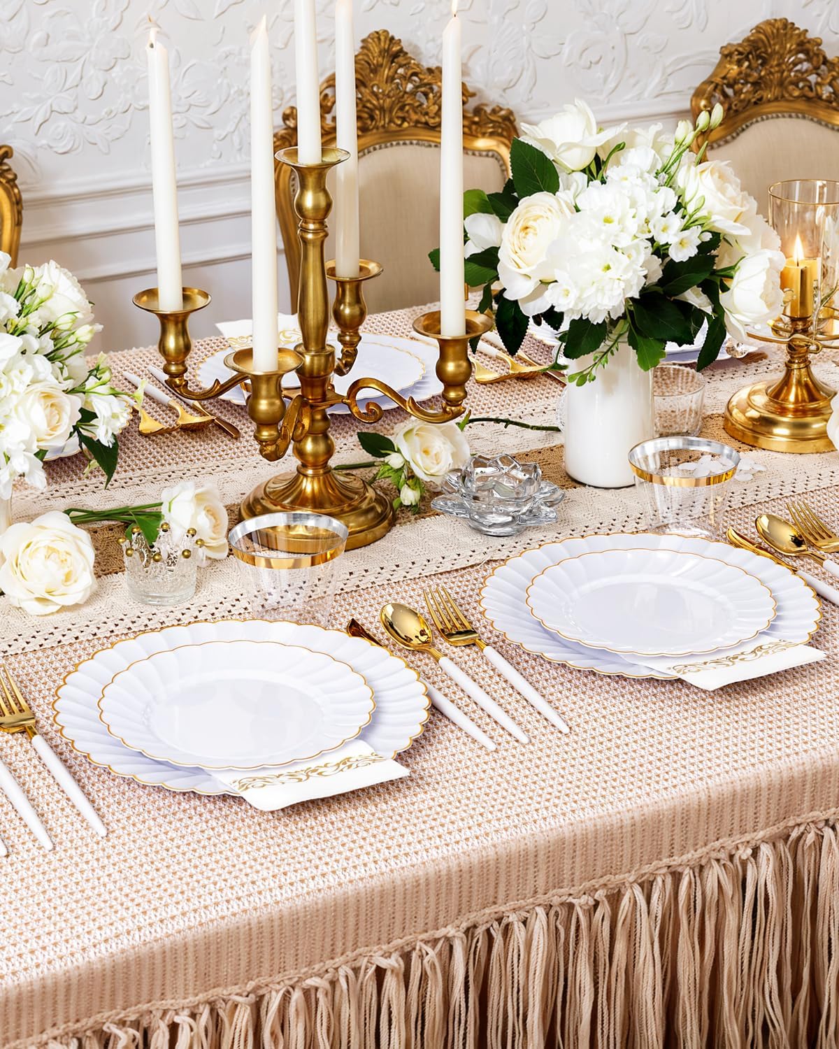 Ciaell 175 PCS White Scalloped Plastic Plates with Gold Trim - Gold Plastic Silverware with Handle - Fancy High-End Dinnerware Sets for Wedding & Showers & Party & Thinksgiving (25 Guests)