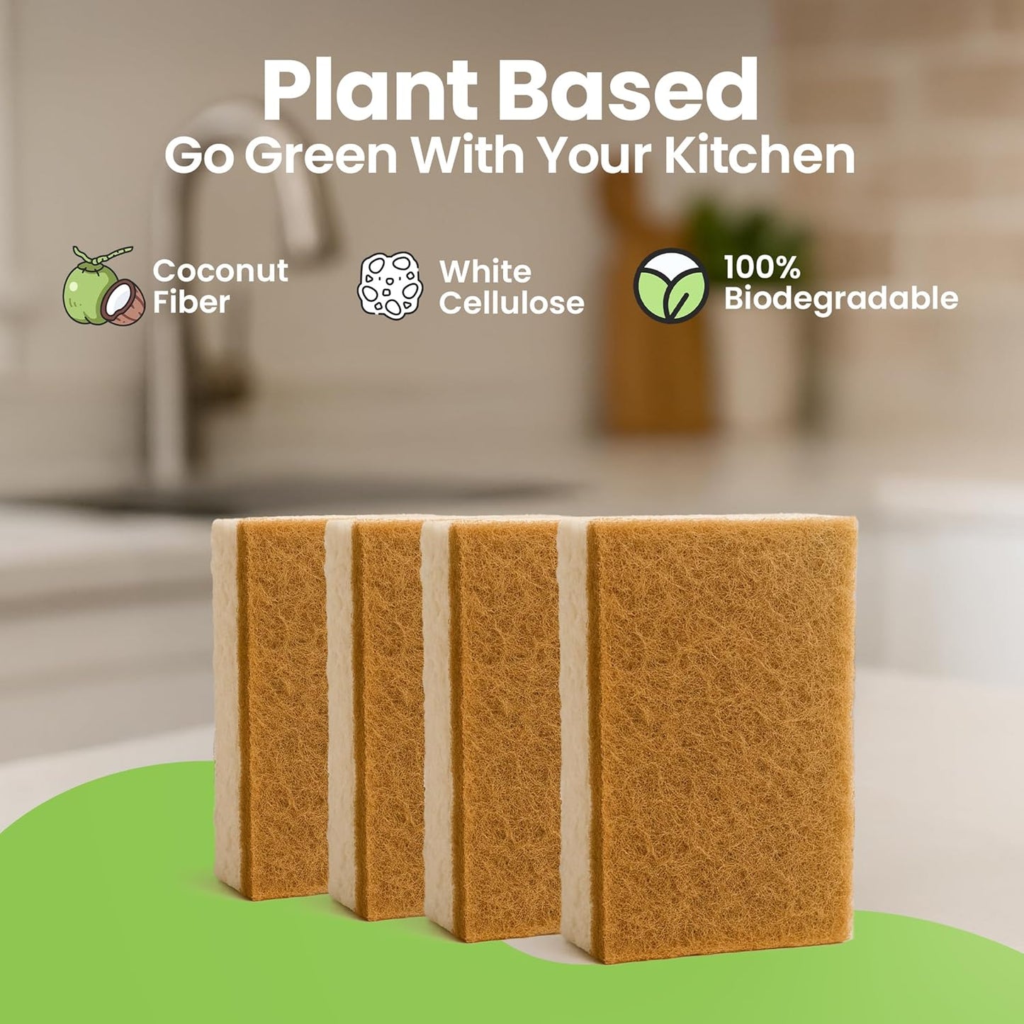 Natural Kitchen Sponges Pack of 12 - Biodegradable Compostable Cellulose & Coconut Scrubber Sponge with Non-Scratch - Long Lasting, Sponges for Dishes, Heavy Duty Dish Scrubber (Rectangular)