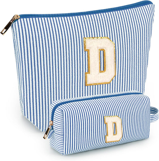 2 PCS Initial Makeup Bags for Women: Cosmetic Bag for Travel Toiletry - Birthday Gifts for 11 12 13 14 15 16 17 18 Years Old Girl Graduation Teacher Gift- Teen Girl Gifts Trendy Stuff - Blue D