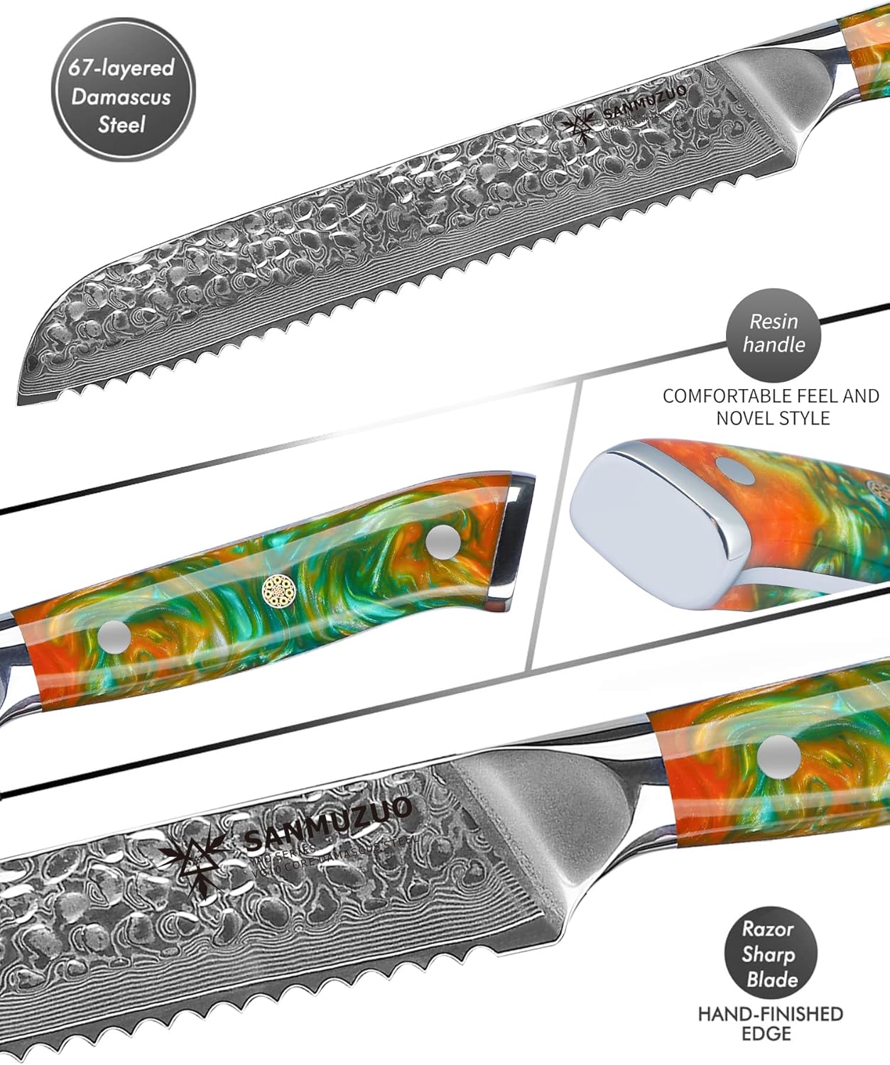 8" Bread Knife Serrated Blade- Hammered Damascus Steel & Resin Handle - Yao Series