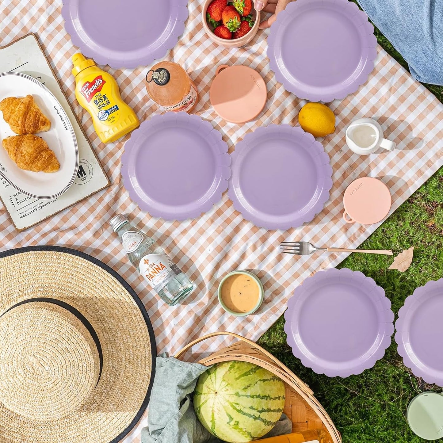 50Pcs Purple Paper Plates-7 Inch Solid Color Scalloped Disposable Birthday Dinnerware Set Dinner Party Plate for Graduation Wedding Baby Shower Table Decor 50 Guests