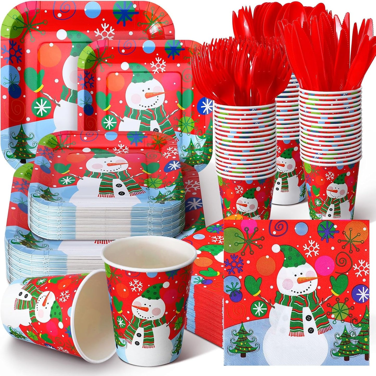 350 Pcs Paper Plates and Napkins Set Disposable Dinnerware Party Supplies Tableware Serve 50 Guest Cups Knife Forks Spoon(Red,Snowman)