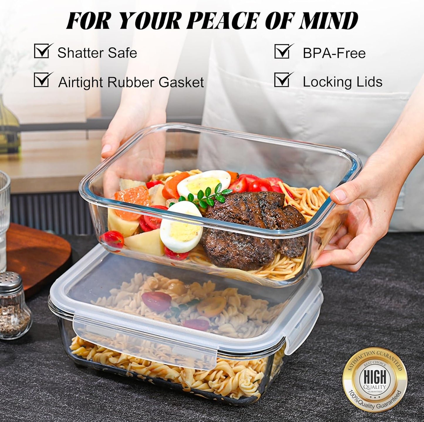 2Pack 9.8 Cups/ 78 Oz Large Glass Food Storage Containers with Lids, Glass Meal Prep Containers with Airtight Lids - BPA Free, Leakproof, Ideal for Food Storing/Serving, Microwave/Oven Safe
