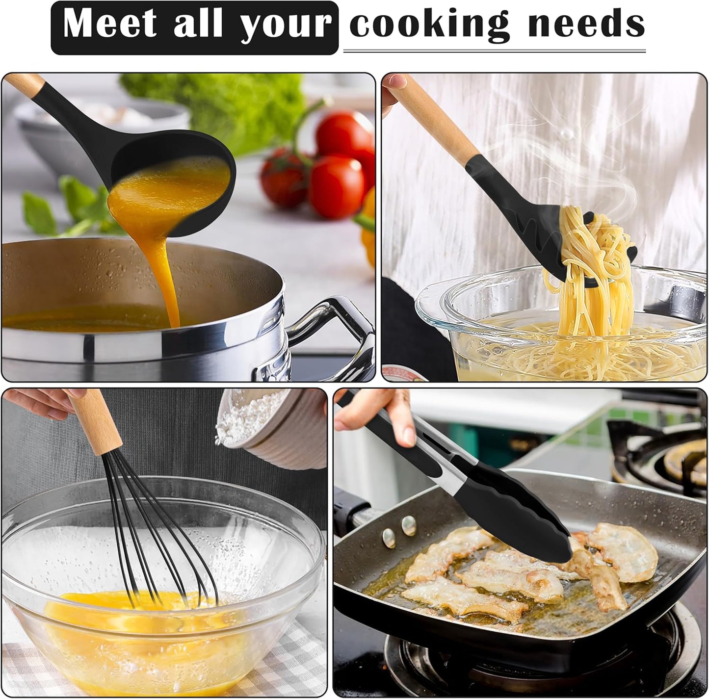 E-far Silicone Cooking Utensils Set, 10-Piece Black Kitchen Utensils Set with Wooden Handle for Nonstick Cookware, Heat Resistant Kitchen Nonstick Tools Spatula Whisk Tongs Ladle, Non-toxic & Healthy