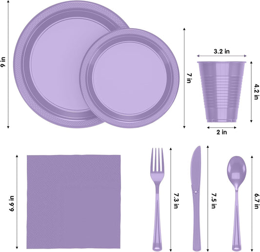 Party Solids 350 Pieces Lavender Plastic Plates For Party, Lavender Disposable Plates Set, 50 Of Each 9" Dinner Plate Set, 7" Dessert Plate, Cups, Napkins & Cutlery Plastic Dinnerware
