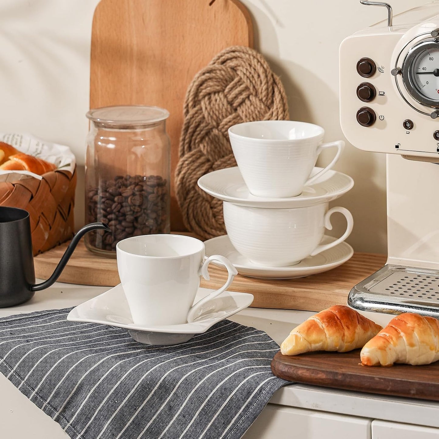 12 oz Cappuccino Cups with Saucers, Ceramic Espresso Coffee Cups Set of 4, White Latte Cup and Saucer, Elegant Tea Mugs Set, Microwave Dishwasher Safe Drinkware for Cafe, Housewarming Gift