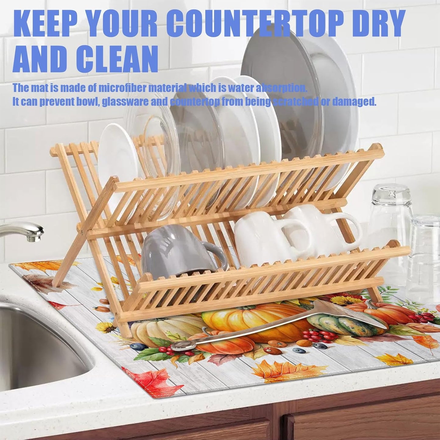 Sunflower Pumpkin Dish Drying Mat for Kitchen Counter drying Pad Absorbent Reversible Dish Drainer Rack Mats Draining Pad 18"x24"Inch