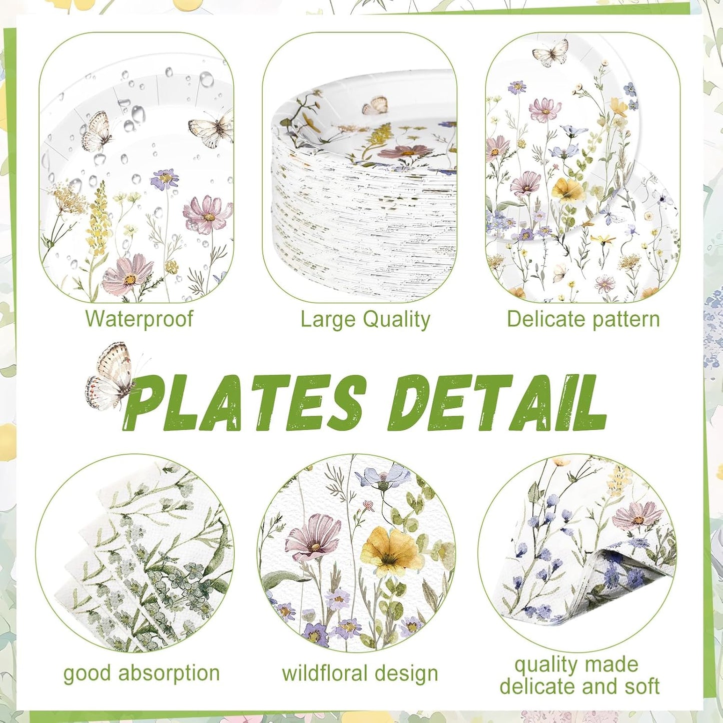 250 Pcs Wildflower Party Decorations Include Spring Summer Floral Paper Plates Napkins and Cups for Wildflower Baby Shower Tea Decorations, Serve 50 Guest(Light Color,Elegant Style)