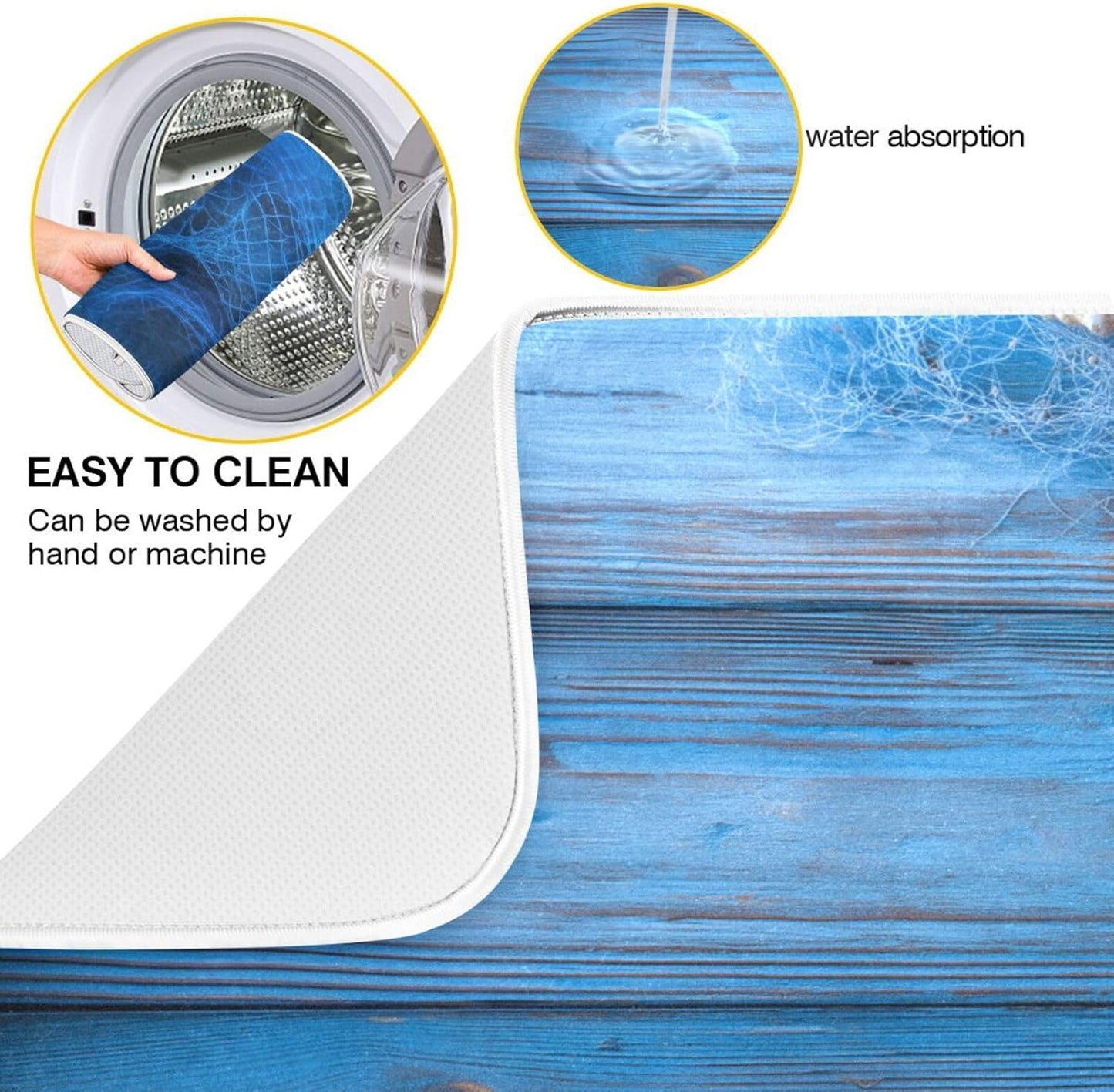 Blue Fishing Nets Seashells Starfish Dish Drying Mat for Kitchen Counter Super Absorbent Dishes Pad Reversible Microfiber Protector Dish Draining Mats 16x18 inch