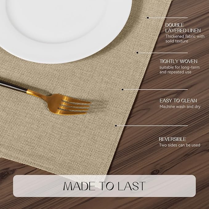 Romanstile Cloth Placemats Set of 4-12 x 18 Inch, Heat Resistant Double Layered Thickened Burlap Place Mats, Washable Faux Linen Farmhouse Table Mats for Kitchen/Dining/Party/Outdoor, Khaki