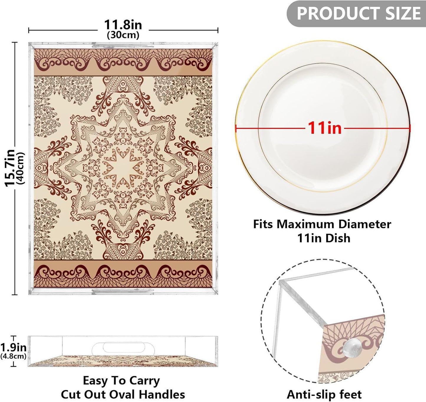 Acrylic Serving Tray with Handles Spill Proof Kitchen Storage Tray Clear Decorative Tray Makeup Drawer Organizer Storage Tray for Bathroom Living Room Ottoman 15.7x11.8Inches